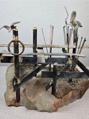 Brutalist Metal Pier Bird Scene Sculpture